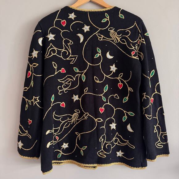 Michael Simon Vintage Black Gold Christmas Angel Beaded Cardigan Sweater Large - Picture 6 of 6